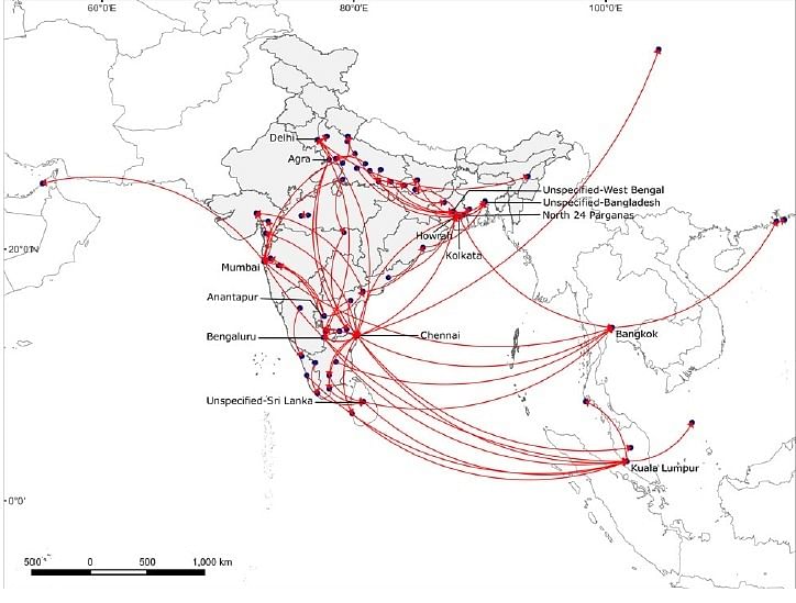 Map of media-reported trafficking links involving Indian tortoises/hard-shell turtles during 2013-19. Extract from the study