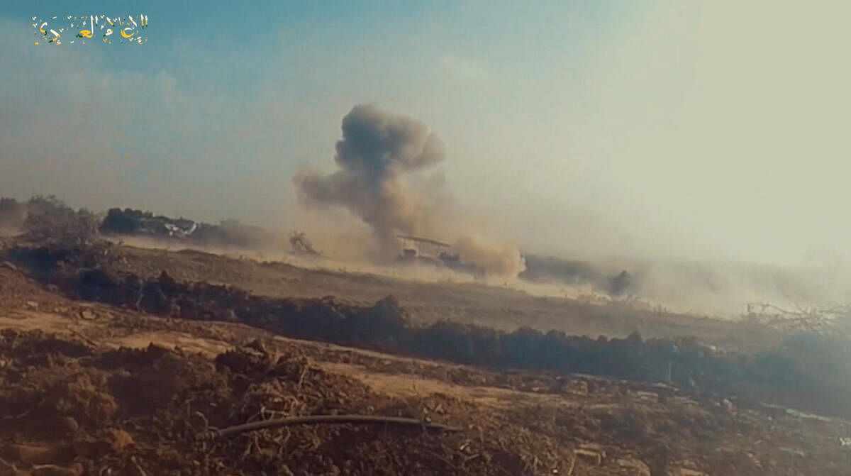 View of what Hamas described as a anti-armor shells fired toward Israeli tanks and vehicles in Gaza.