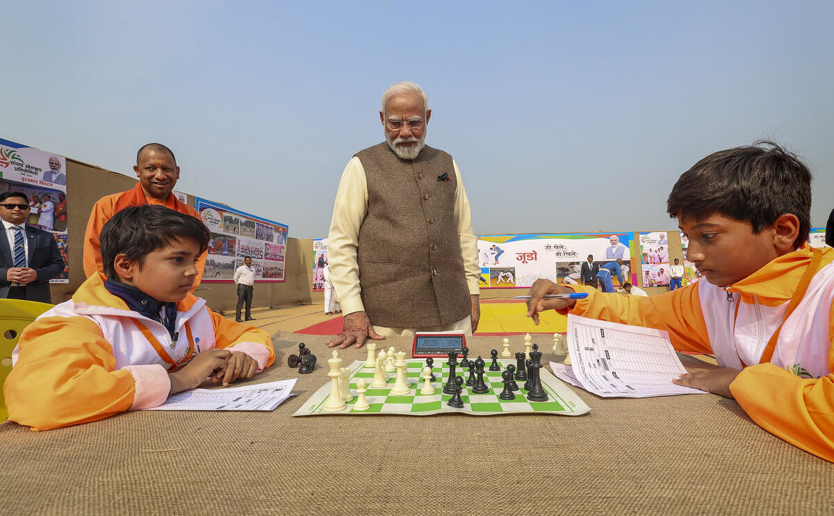 Prime Minister Narendra Modi at the Viksit Bharat Sankalp Yatra, in Varanasi, Monday.