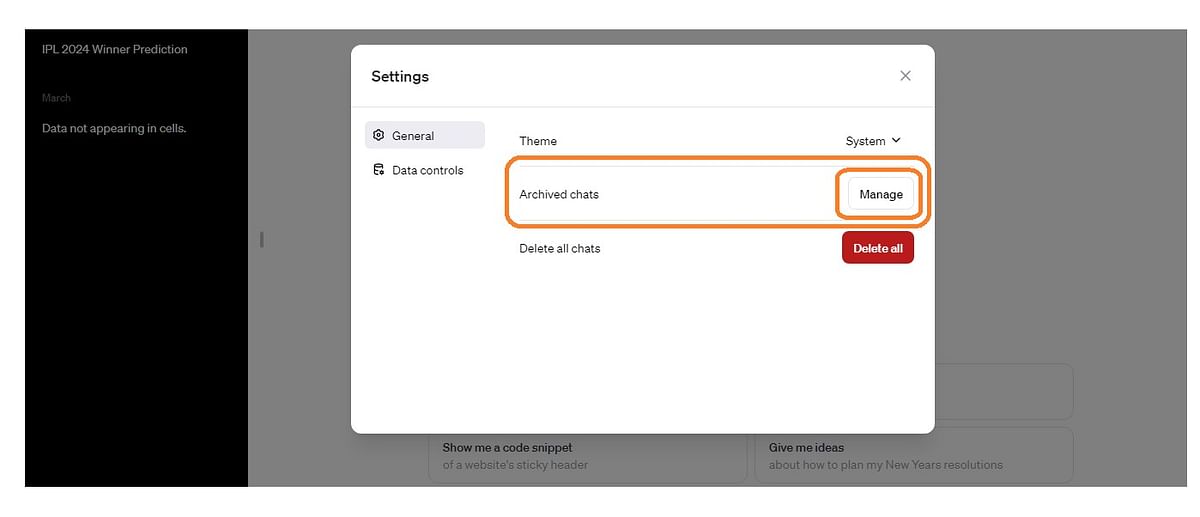 Steps to find the archived chat on ChatGPT settings.