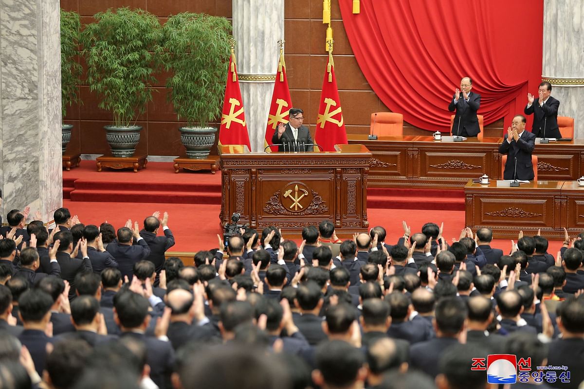 North Korean leader Kim Jong Un gestures as he attends the 8th Plenary Meeting of the 8th Central Committee of the Workers' Party of Korea, at the party's headquarters, in Pyongyang, North Korea, in this picture released by the Korean Central News Agency on December 31, 2023.   KCNA via REUTERS    ATTENTION EDITORS - THIS IMAGE WAS PROVIDED BY A THIRD PARTY. REUTERS IS UNABLE TO INDEPENDENTLY VERIFY THIS IMAGE. NO THIRD PARTY SALES. SOUTH KOREA OUT. NO COMMERCIAL OR EDITORIAL SALES IN SOUTH KOREA.