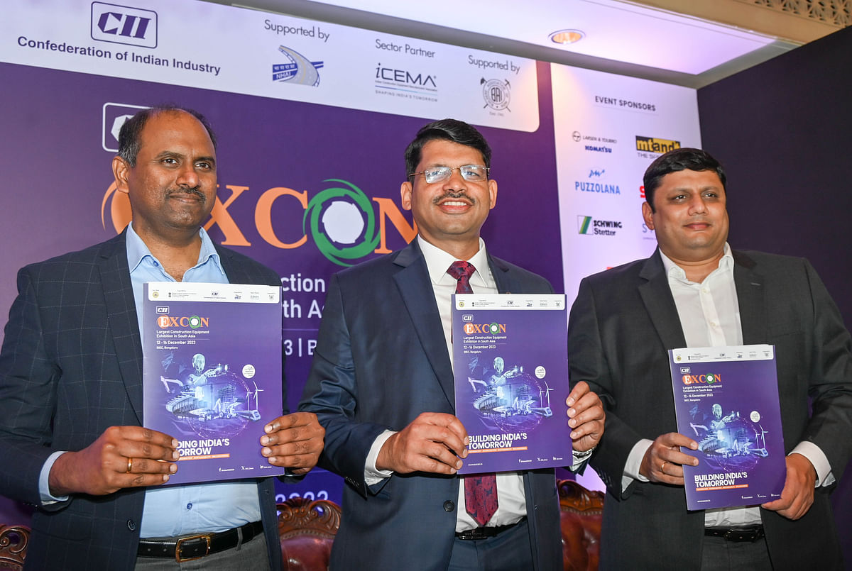 (From Left) Confederation of Indian Industry (CII) Chairman Vijaykrishnan Venkatesan Co-Chairman Dimitrov Krishnan and Regional Director of CII Southern Region NMP Jeyesh are seen during the Press conference about 12th Edition of EXCON by Confederation of Indian Industry (CII) in Bengaluru on Monday. 