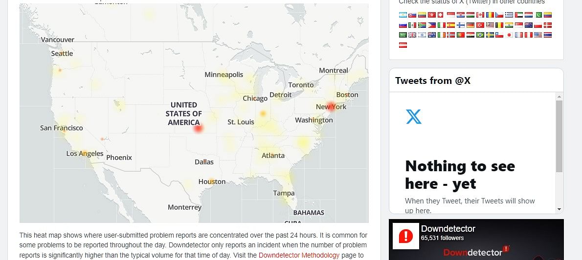 X platform outage heatmap of the US region.