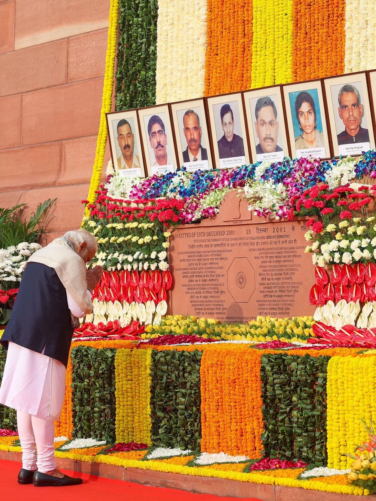 Prime Minister Narendra Modi paid floral tributes to the 14 security persons who lost their lives in the terrorist attack on the Parliament on December 13, 2001.