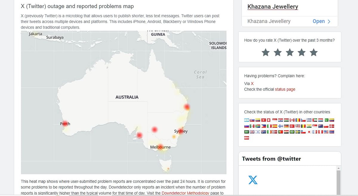 X platform outage heatmap of the Australia region.