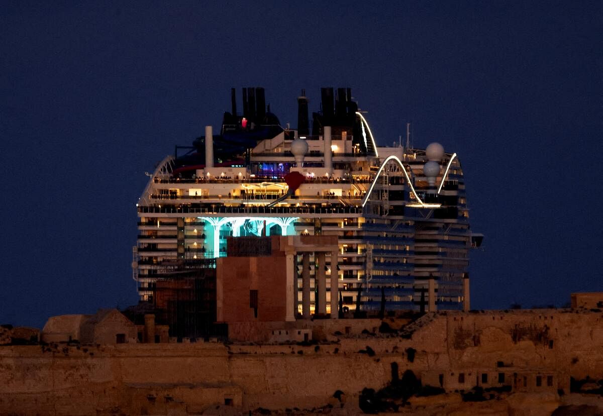 The MSC World Europa cruise ship passes behind Fort Ricasoli, where the ancient Rome set for Ridley Scott's film "Gladiator 2" is situated, as it departs from Grand Harbour in Valletta, Malta, December 27, 2023. 