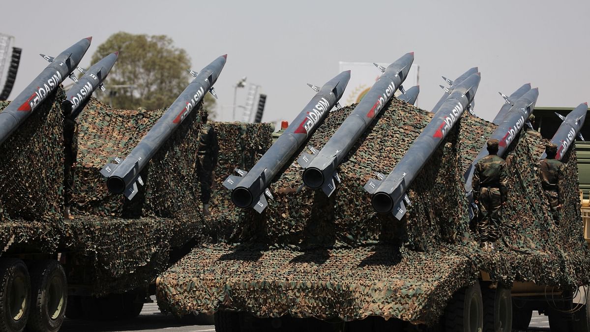 Missiles are displayed during a military parade held by the Houthis to mark the anniversary of their takeover in Sanaa, Yemen September 21, 2023. 