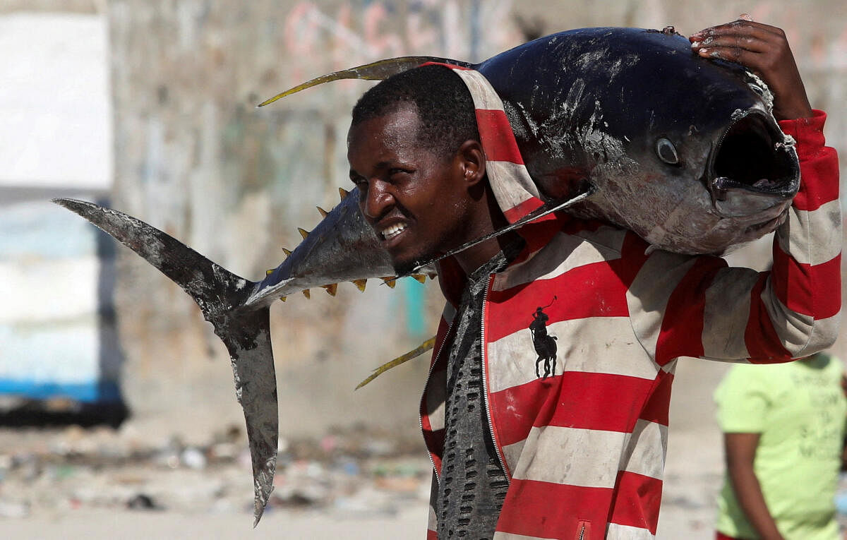 A Somali man carries a fish at Liido beach in Mogadishu, Somalia, December 29, 2023. 