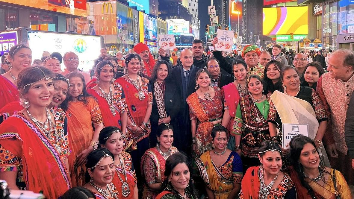 Indian Americans perform Garba at Times Square to celebrate its inclusion in UNESCO cultural heritage list