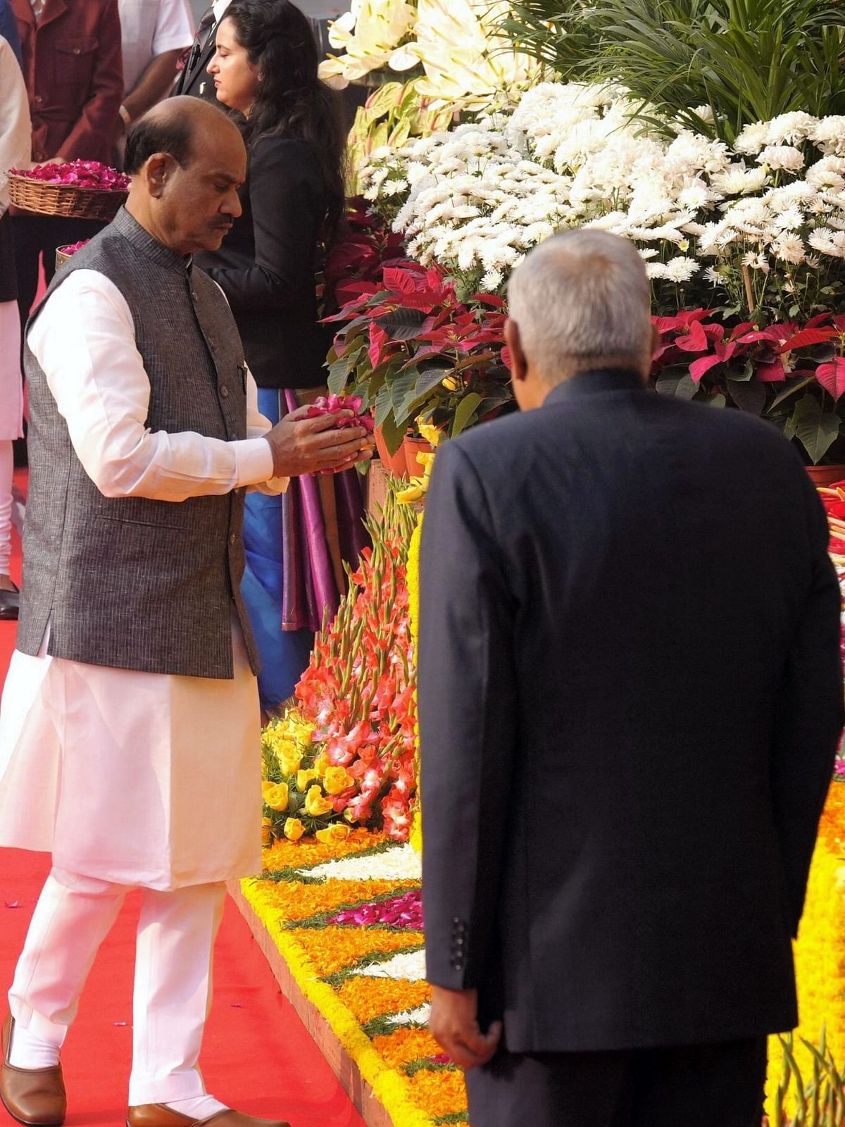 Lok Sabha Speaker Om Birla pays floral tribute to the martyrs who lost their lives in the 2001 Parliament attack.