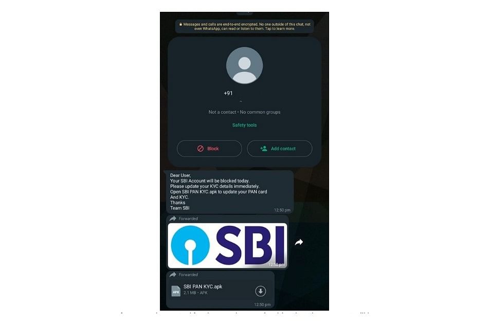 Fake SBI APK file shared on WhatsApp