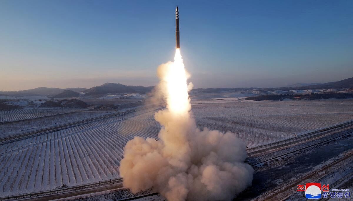 A Hwasong-18 intercontinental ballistic missile is launched during what North Korea says is a drill at an unknown location.