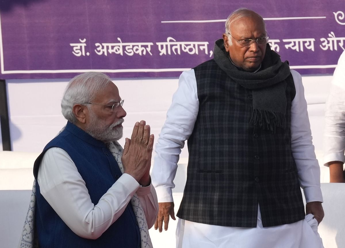 FILE PHOTO: Prime Minister Narendra Modi and National Congress Party President Mallikarjun Kargaind attend the death anniversary commemoration of Dr BR Ambedkar at Parliament House in New Delhi, Wednesday, December 6, 2023. 