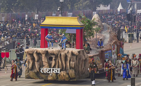 Ladakh tableau on display during the full dress rehearsal for the Republic Day Parade 2024 at the Kartavya Path, in New Delhi.