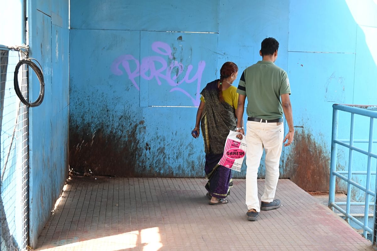 Paan stains deface walls in Hebbal’s skywalk. 