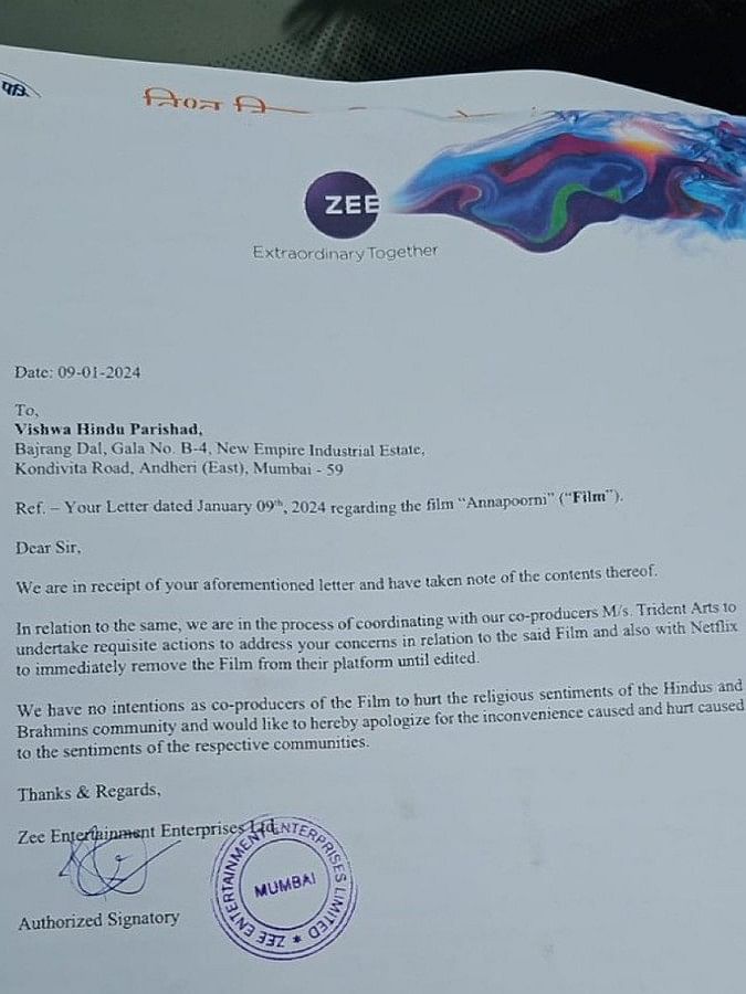 Apology letter by Zee Studios.