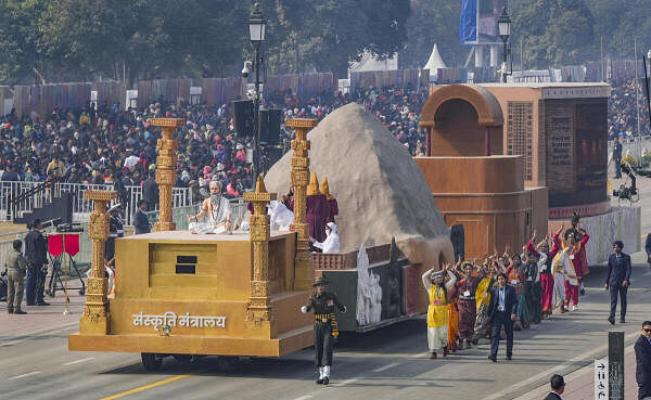 Minister of Culture tableau on display during the full dress rehearsal for the Republic Day Parade 2024 at the Kartavya Path, in New Delhi.