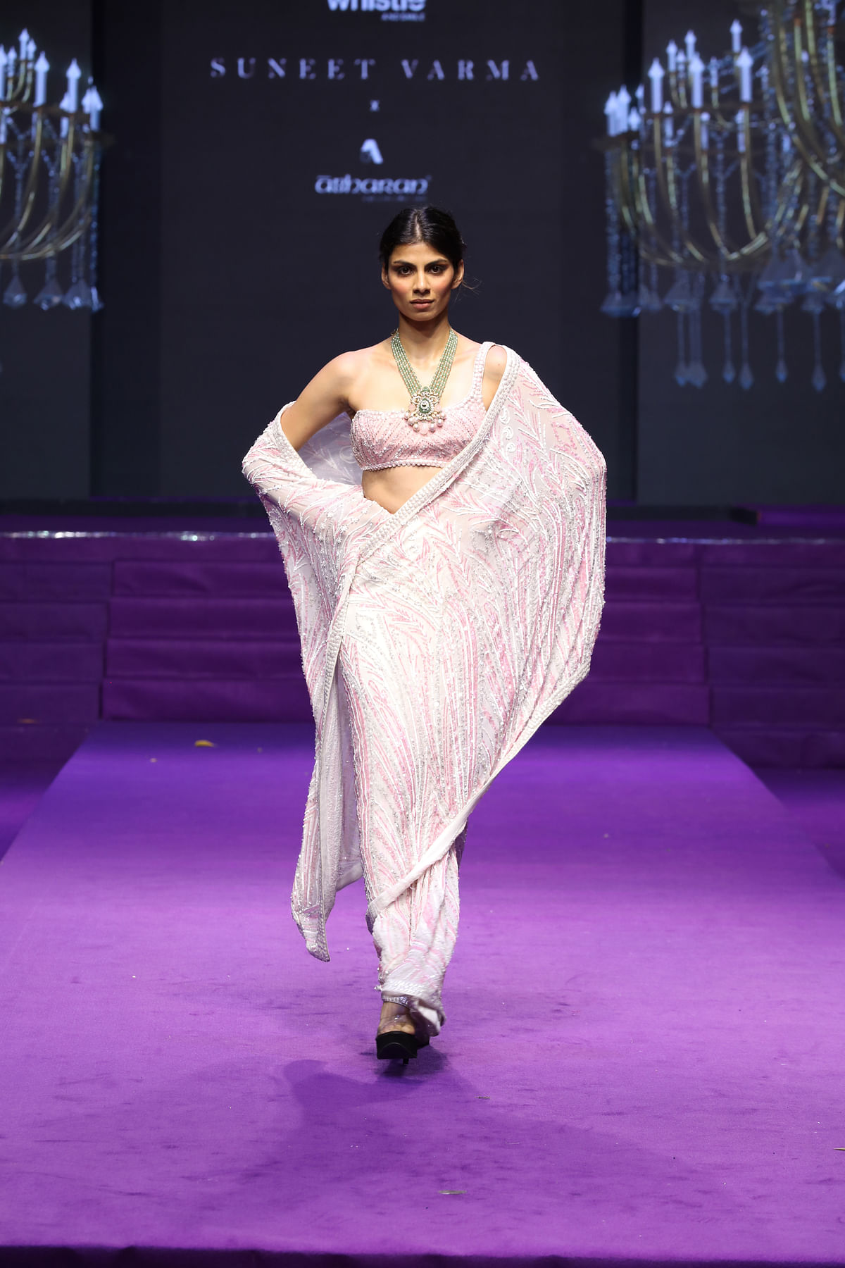 Crystal beading and embroidery in blush pink chiffon. Designer: Suneet Varma, Model: Lipika Hegde.