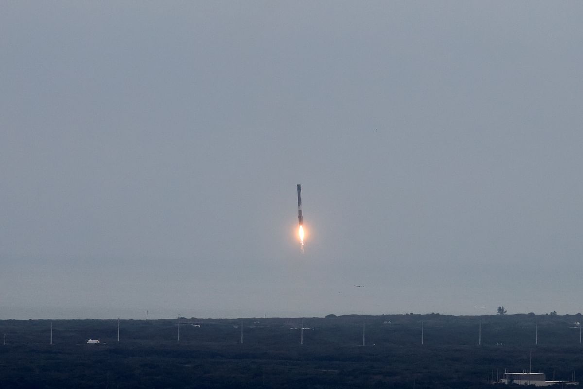 The booster for Axiom Mission 3 is pictured on the day of its launch to the International Space Station with crew members Commander Michael Lopez-Alegria of the U.S./Spain, Pilot Walter Villadei of Italy, Mission Specialist Alper Gezeravci of Turkey, and ESA (European Space Agency) project astronaut Marcus Wandt of Sweden, at Cape Canaveral, Florida.