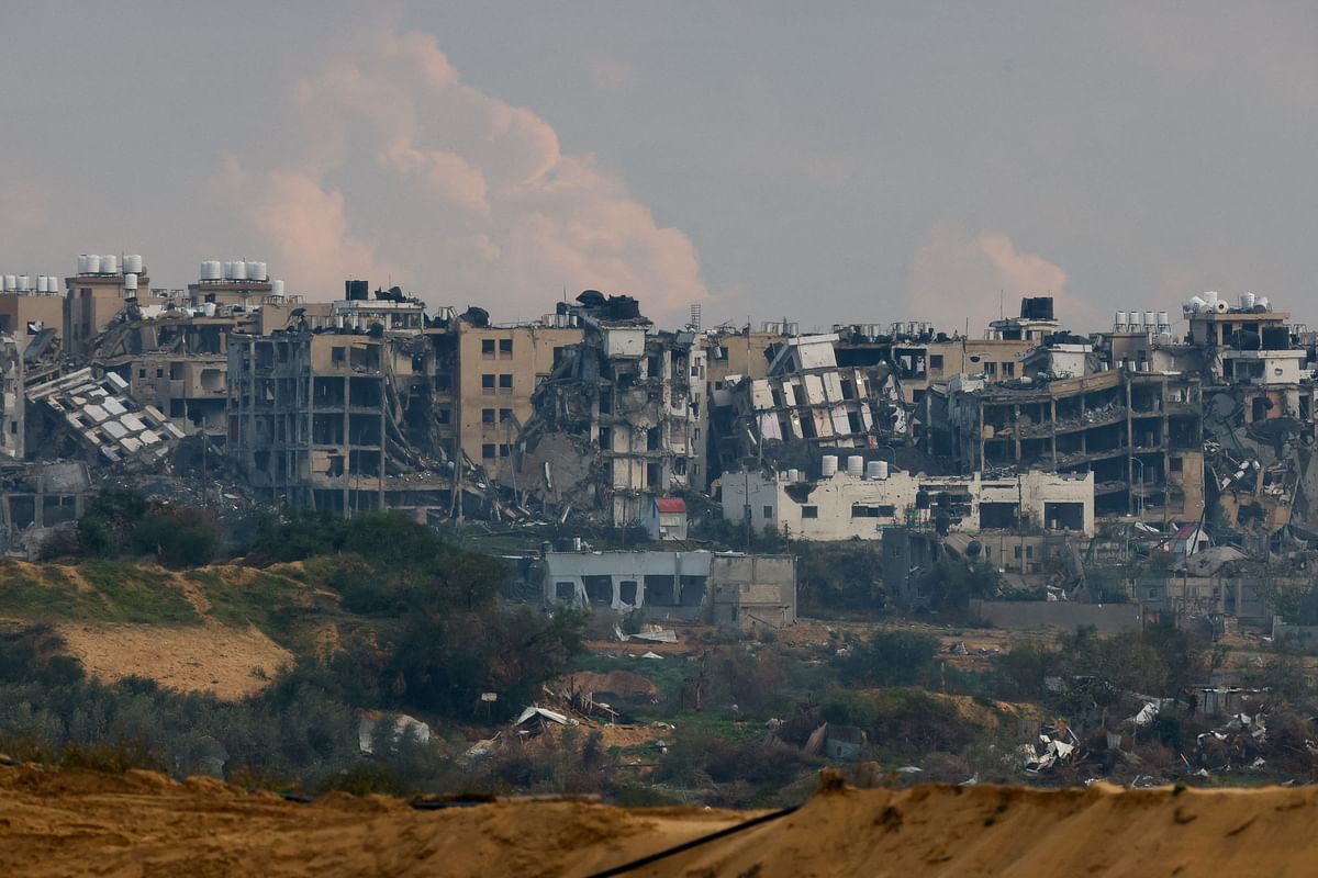 Destroyed buildings lie in ruin in the Gaza Strip, amid the ongoing conflict between Israel and the Palestinian Islamist group Hamas, as seen from Israel, January 2, 2024.