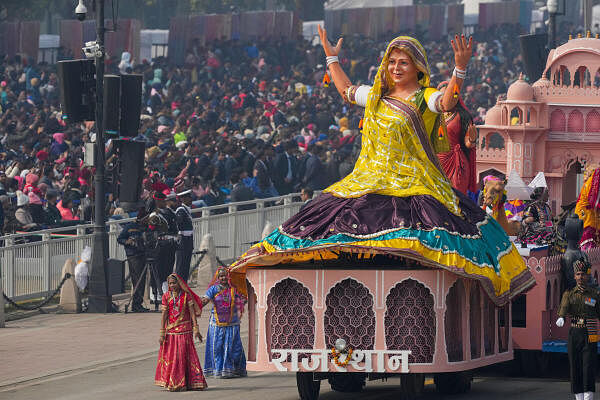 Rajasthan tableau on display during the full dress rehearsal for the Republic Day Parade 2024 at the Kartavya Path, in New Delhi.