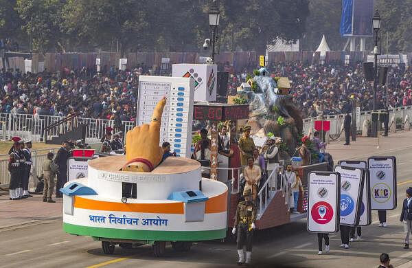 Minister of Culture tableau on display during the full dress rehearsal for the Republic Day Parade 2024 at the Kartavya Path, in New Delhi.