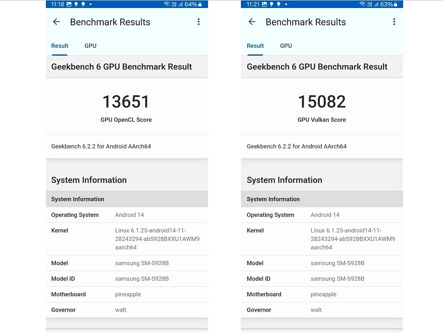 Samsung Galaxy S24 Ultra's GPU performance (OpenGL and Vulkan) score on Geekbench 6.0 app.