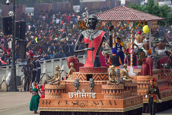 Gujarat tableau on display during full dress rehearsal for the Republic Day Parade 2024 at the Kartavya Path, in New Delhi.