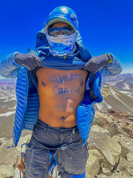Shaikh Hassan Khan, a Kerala government employee, on the top of Ojos Del Salado, the world's highest volcano, located in Chile, South America.