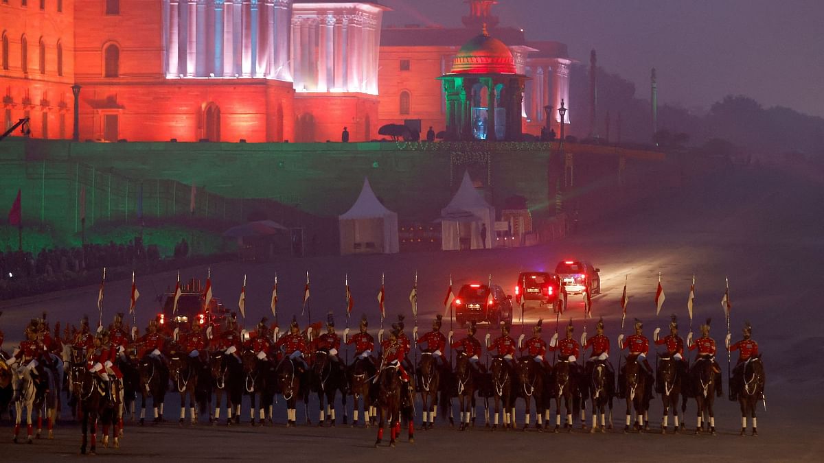 The Indian President's Bodyguards, mounted on their horses, prepare to leave after the end of the "Beating the Retreat" ceremony in New Delhi, India, January 29, 2024. 