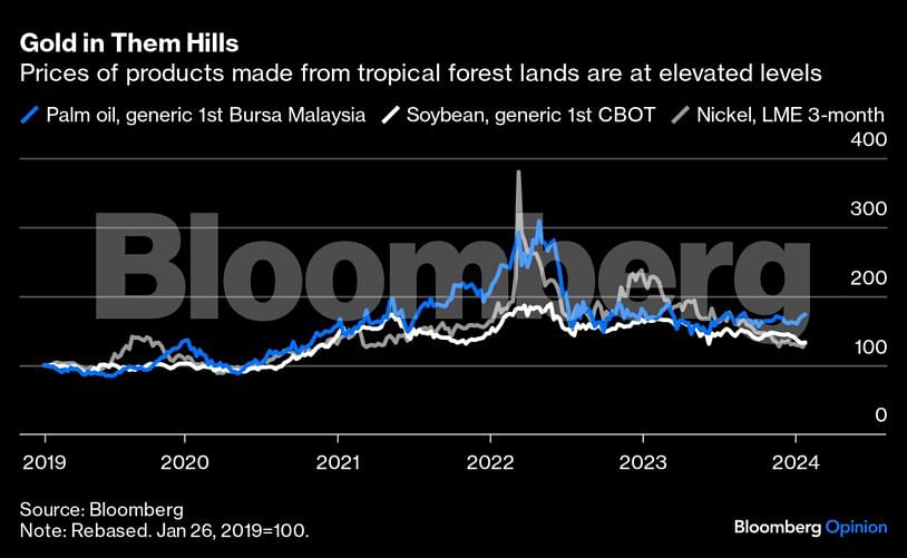 Graph showing price of tropical forest made products.