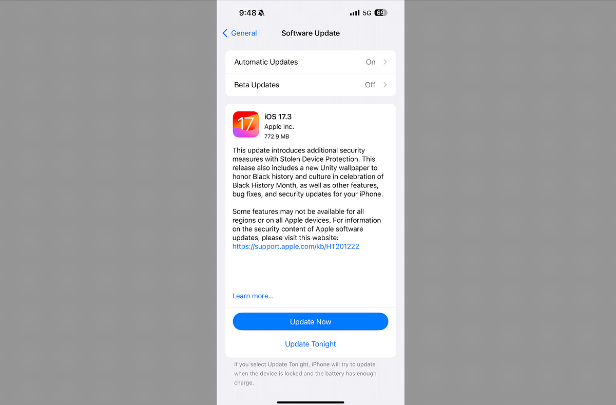 iOS 17.3 update for the iPhone 15 Pro Max.