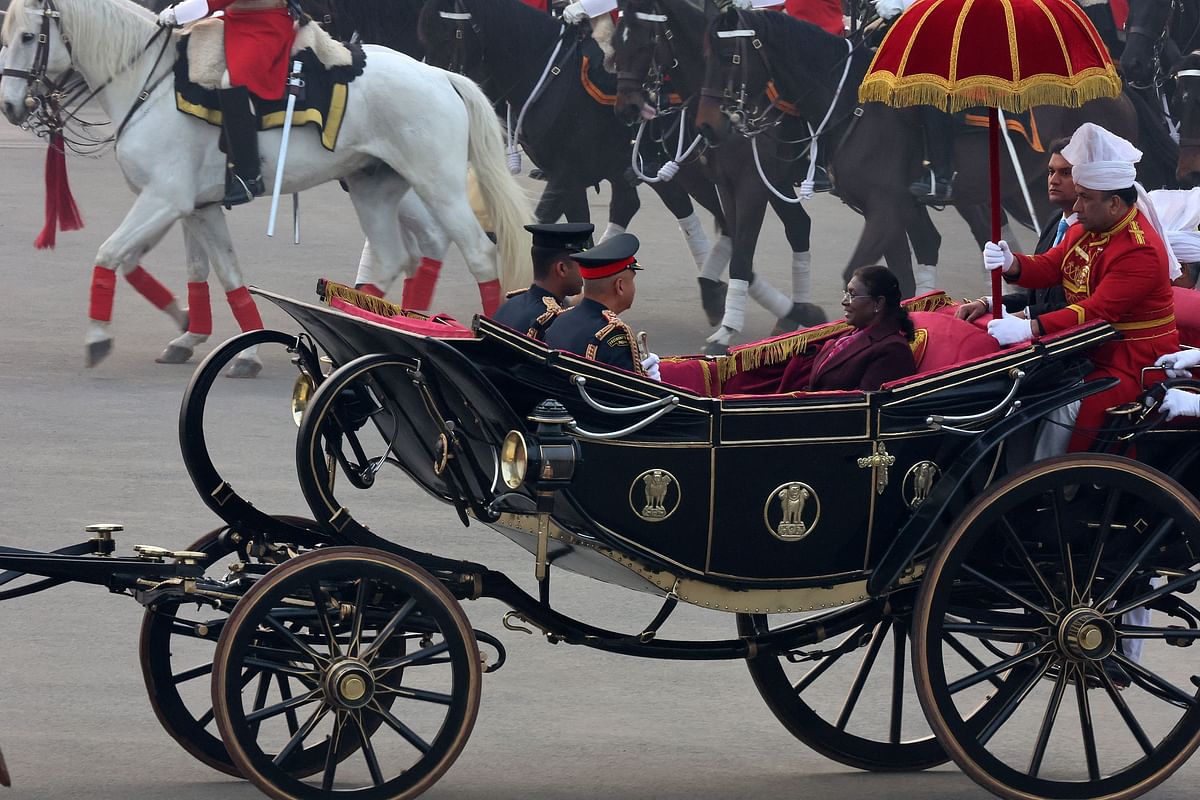 India's President Droupadi Murmu in a ceremonial buggy for the "Beating the Retreat" ceremony in New Delhi, India, January 29, 2024.