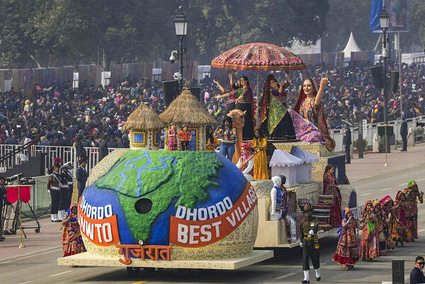 Gujarat tableau on display during full dress rehearsal for the Republic Day Parade 2024 at the Kartavya Path, in New Delhi.