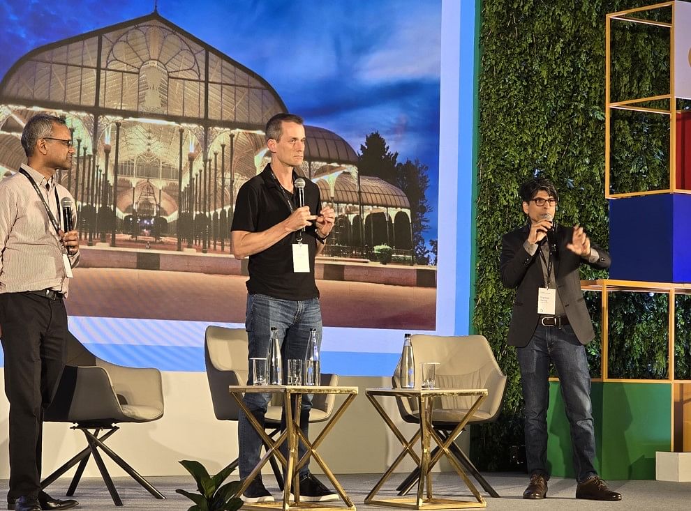 [From left] Manish Gupta (Director of Google Research India),   Dr. Jeff Dean (Chief Scientist at Google DeepMind and Google Research) and Dr Pramod Varma, CTO of EkStep Foundation and former Chief Architect Aadhaar &amp; India Stack at Google's Leaders Connect event in Bengaluru, on February 2, 2024. 