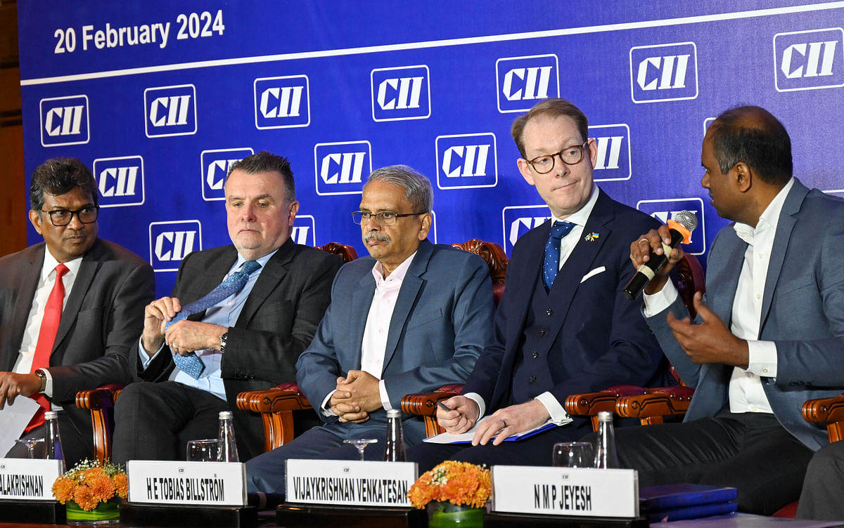 (From Left) N Venu Vice Chairman CII Jan Thesleff Ambassador of Sweden to India Kris Gopalakrishnan Past President CII &amp; Co-Founder Infosys Tobias Billström Minister for Foreign Affairs Government of Sweden and Vijaykrishnan Venkatesan Chairman CII are seen during a Special Session on Digitalisation &amp; Innovation organised by Confederation of Indian Industry (CII) at Hotel Taj M G Road in Bengaluru on Tuesday. 