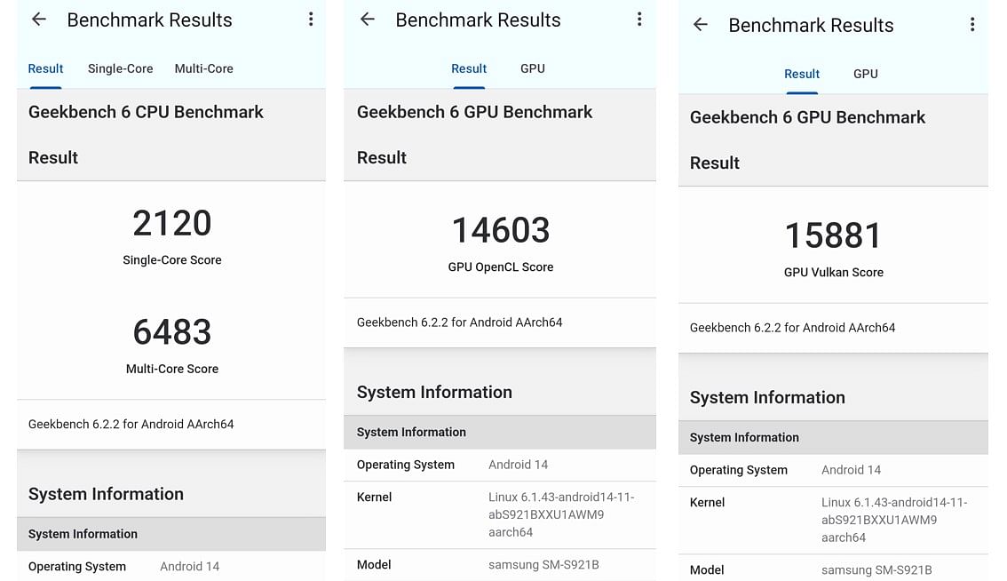Samsung Galaxy S24's CPU and GPU performance scores on Geekbench 6.0 app. 