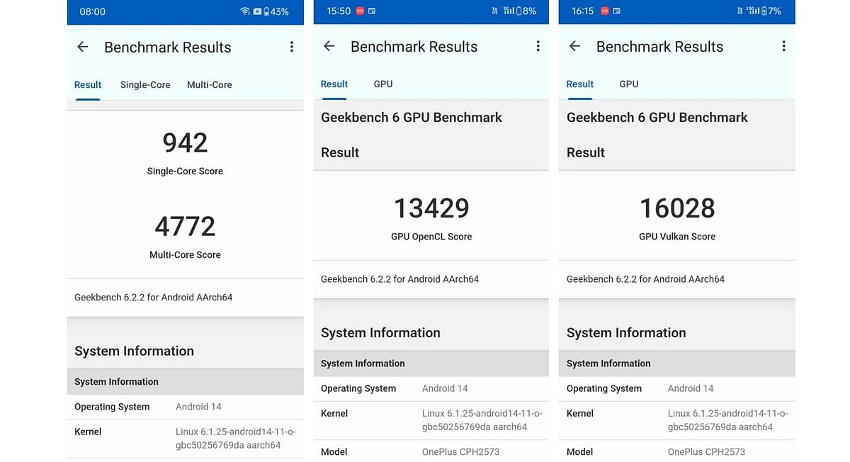 OnePlus 12's CPU and GPU Performance score on Geekbench 6.0 app.