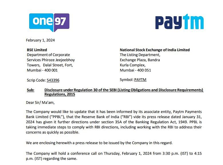 Screengrab of the statement issued by Paytm over RBI directions.