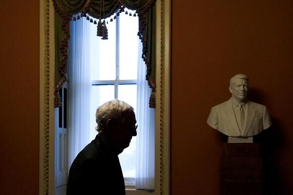 US Senate Minority Leader Mitch McConnell (R-KY) walks to the Senate floor after announcing earlier in the day that he will step down this year from his leadership role, at the U.S. Capitol in Washington, U.S., February 28, 2024.