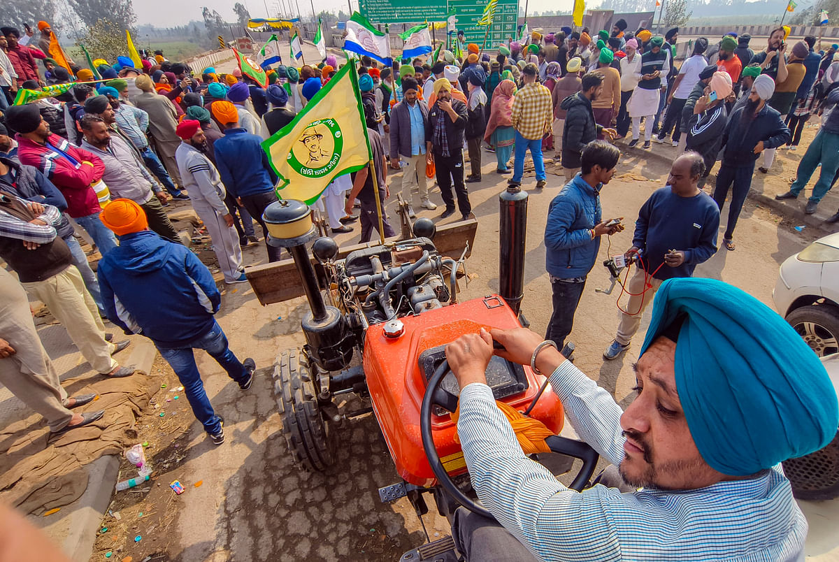 Farmers during their protest over various demands, including a legal guarantee on the minimum support price (MSP) for crops and farm loan waiver, at the Punjab-Haryana Shambhu Border, in Patiala district.