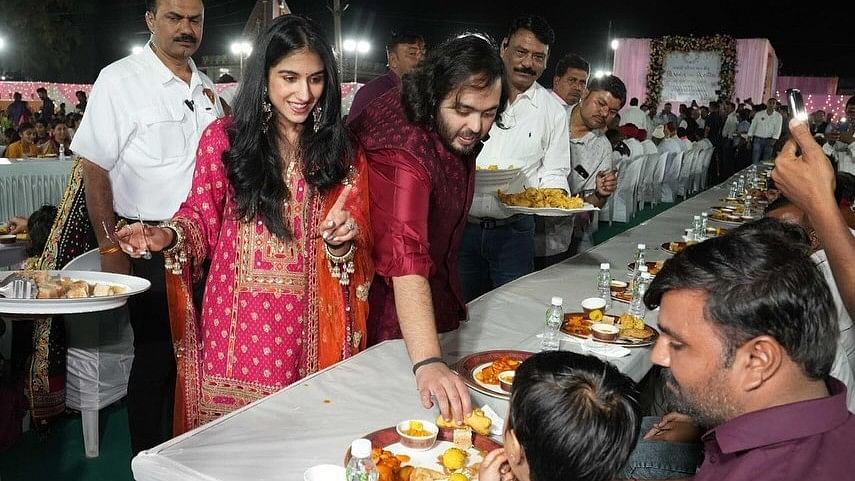 Radhika Merchant and Anant Ambani serve food and interact with the villagers during the 'anna seva' in Jamnagar.