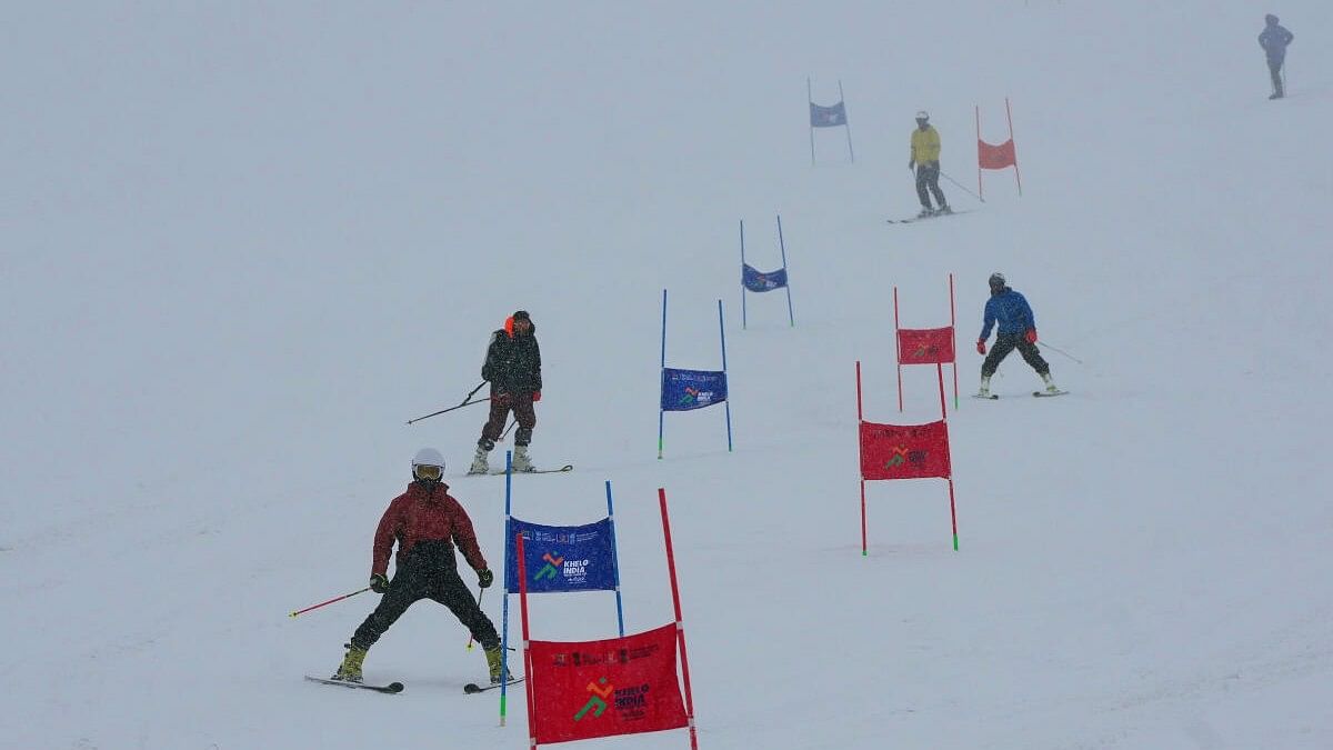 Participants of Ski alpine during the Khelo India Winter games, at Kangdoori, Gulmarg, in Baramulla district.