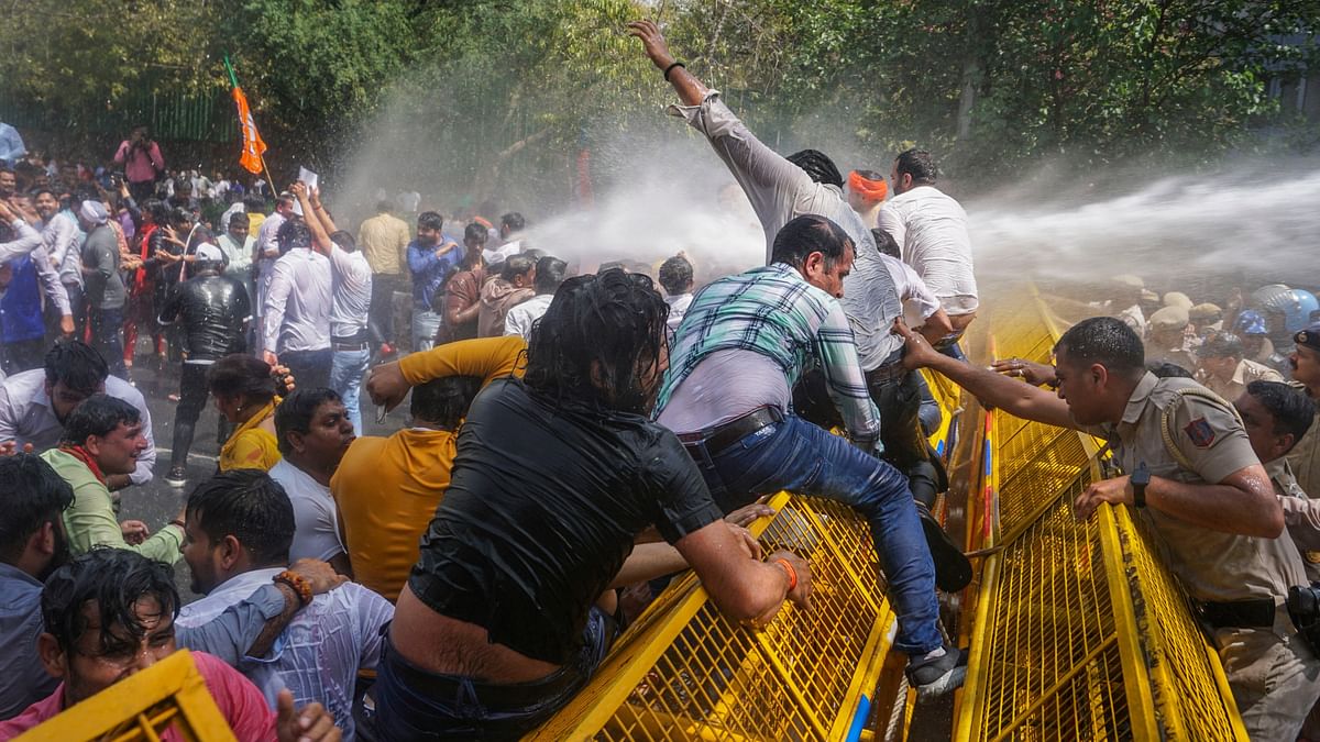 Water cannon being used on BJP workers in New Delhi.