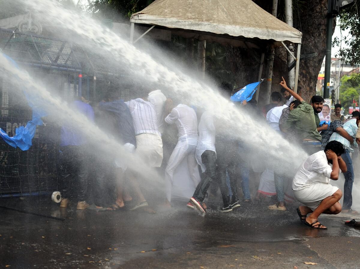 Water cannon being used by the police to disperse the Kerala Students Union’s (KSU) activists during their protest over the arrest of the SFI students in Wayanad.