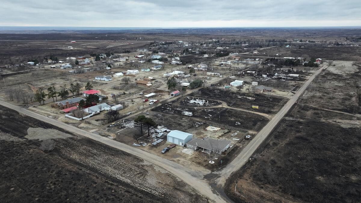 A drone view shows homes damaged by the Smokehouse Creek Fire, in Stinnett, Texas.