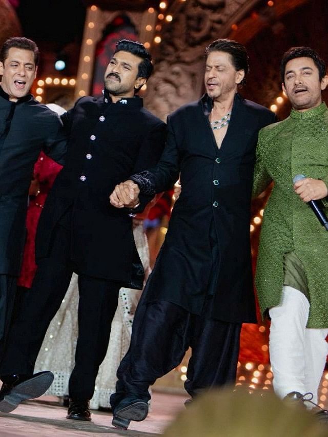 Salman Khan, Ram Charan, Shah Rukh Khan and Aamir Khan perform during the pre-wedding celebrations of Anant Ambani.