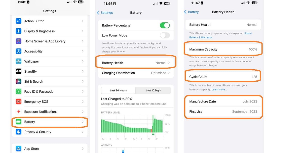 Apple iPhone 15 Pro Max's battery health details.