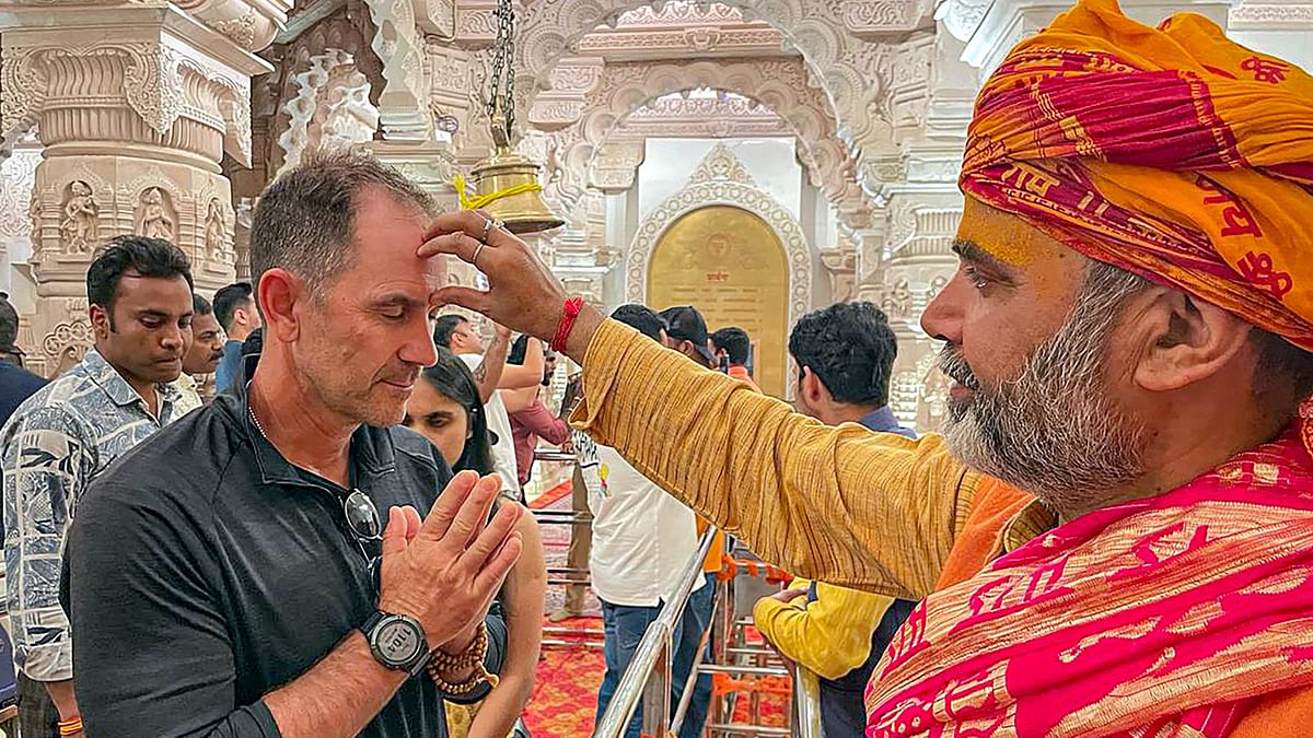 Lucknow Super Giants coach Justin Langer clicked offering prayers at the Ram Mandir in Ayodhya.