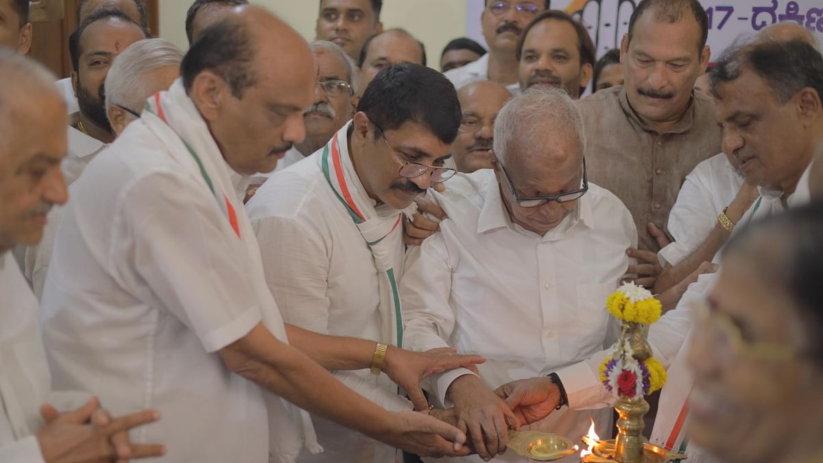 Veteran Congress leader B Janardhan Poojary inaugurates party election office in Mangaluru